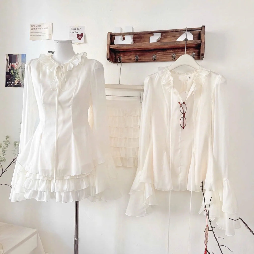 High Quality Elegant White Sheer Chiffon Ruffle Blouse for Women