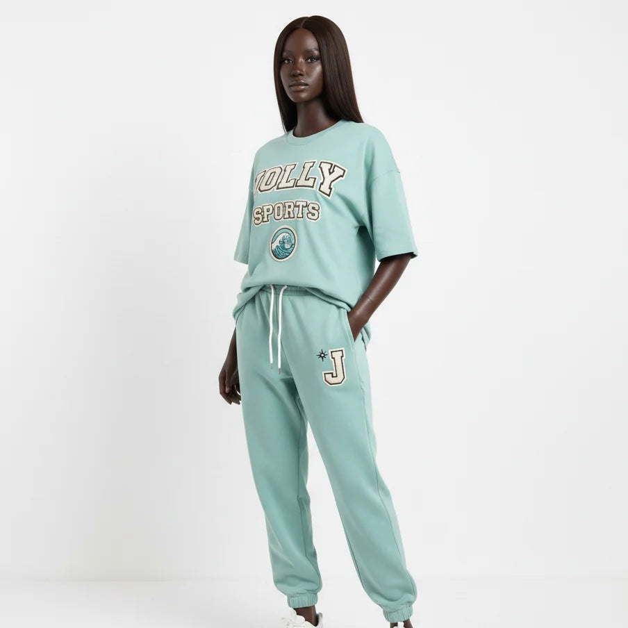 Mint Green Women T Shirt Pant Set With Embroidery Applique Custom Logo Women's Sets