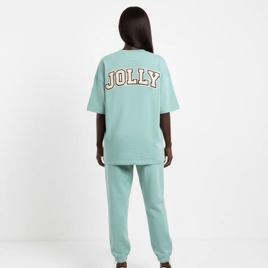 Mint Green Women T Shirt Pant Set With Embroidery Applique Custom Logo Women's Sets