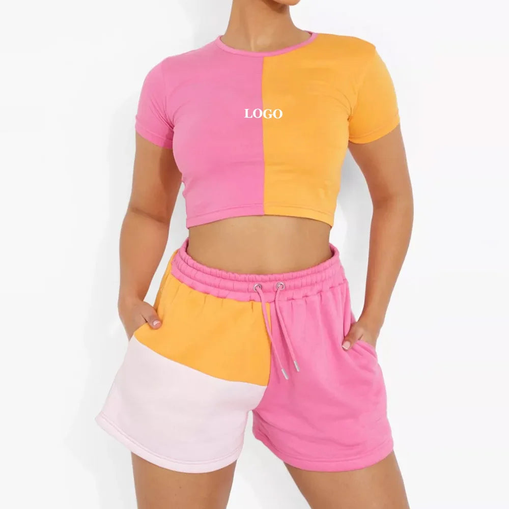 Custom Logo  Set with Short Sleeve Crop Top and Full-Length Leggings