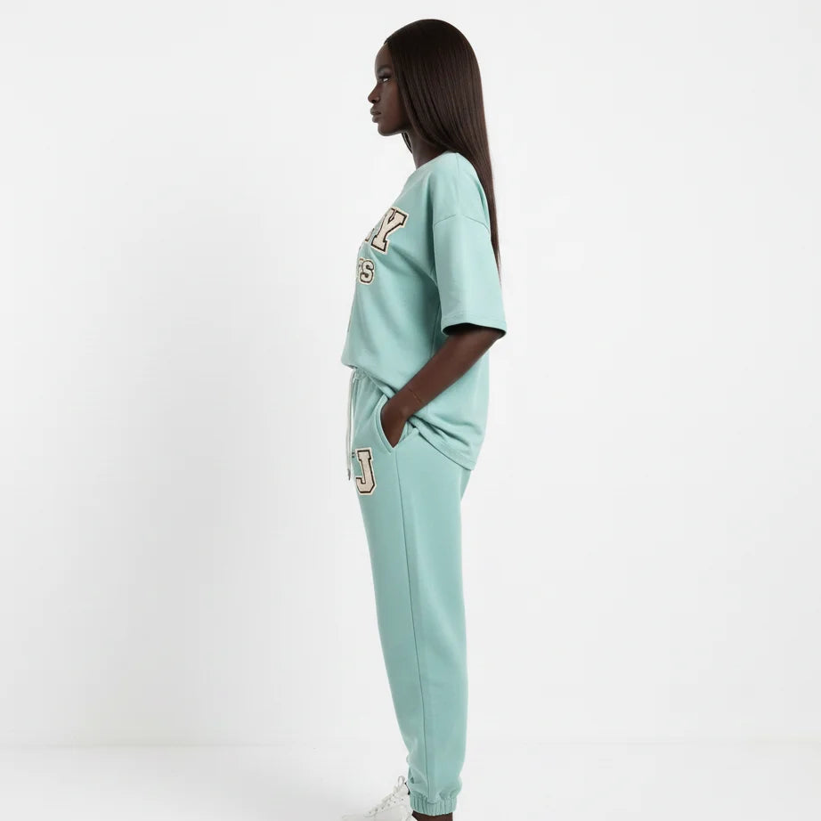 Mint Green Women T Shirt Pant Set With Embroidery Applique Custom Logo Women's Sets