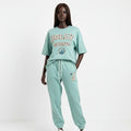 Mint Green Women T Shirt Pant Set With Embroidery Applique Custom Logo Women's Sets