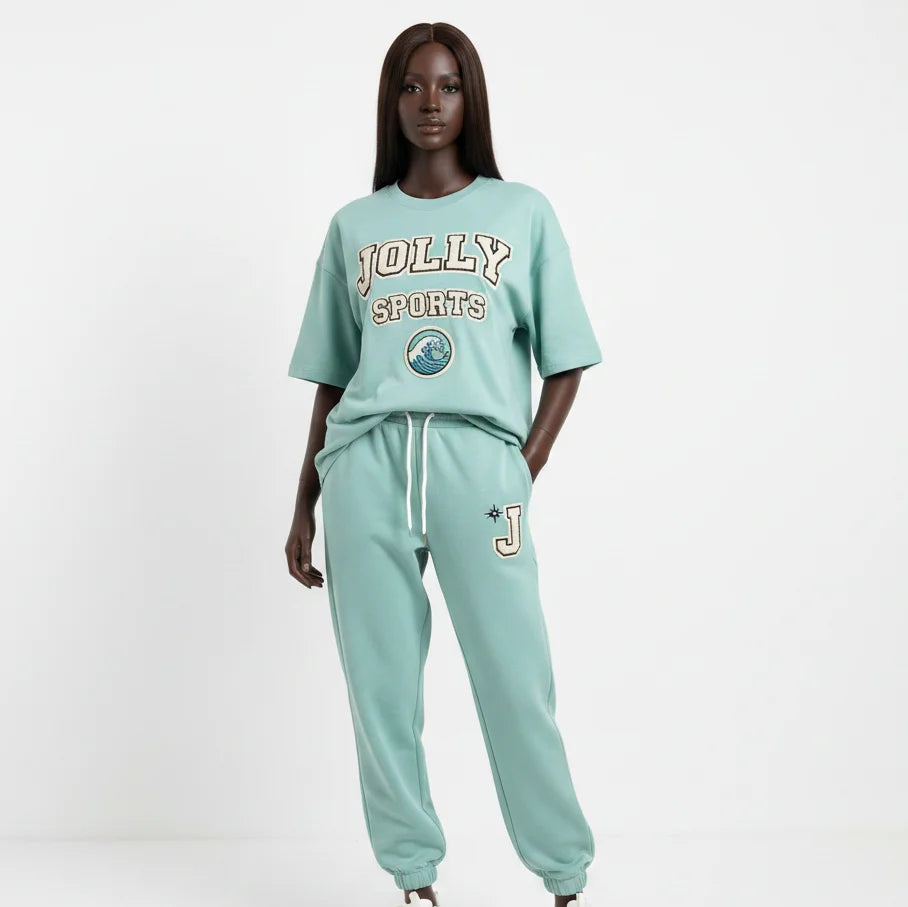 Mint Green Women T Shirt Pant Set With Embroidery Applique Custom Logo Women's Sets